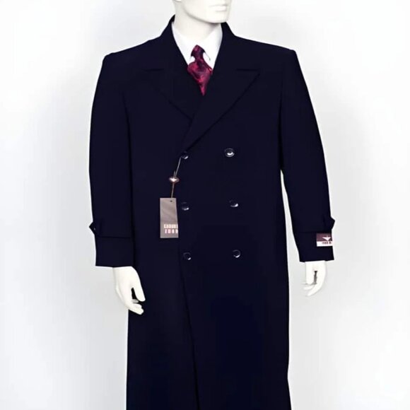 Mens Peak Lapel Full Length Navy Coat Duster Maxi Coat